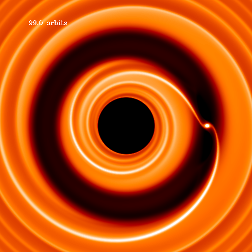 Simulation hydrodynamique d'une planète de la masse de Jupiter creusant un sillon dans un disque de gaz.